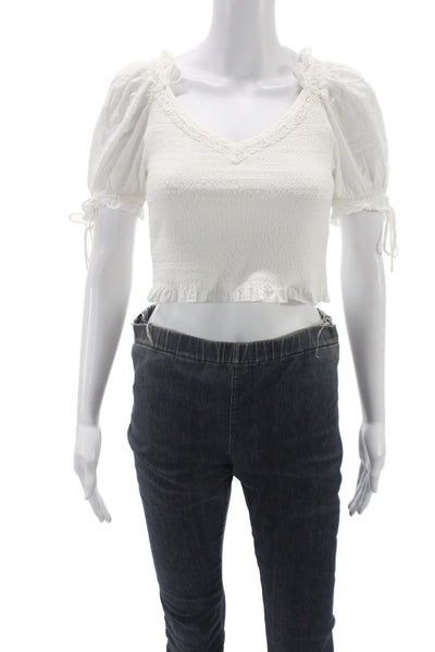 Love Shack Fancy Women Cropped Cotton V Neck Boho Blouse White Size XS