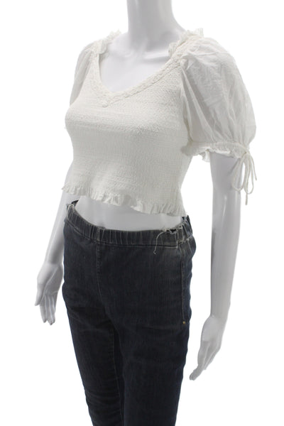 Love Shack Fancy Women Cropped Cotton V Neck Boho Blouse White Size XS