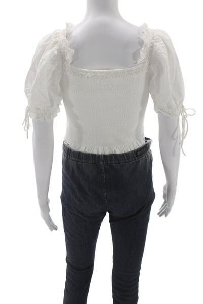 Love Shack Fancy Women Cropped Cotton V Neck Boho Blouse White Size XS
