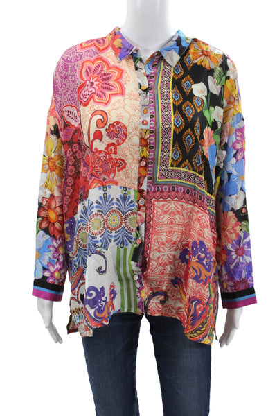 Johnny Was Women Boho Floral Silk Tunic Blouse Long Sleeve Multicolor Size XL
