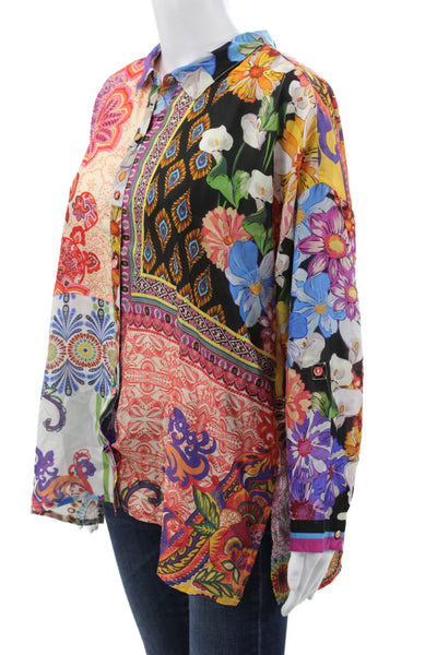 Johnny Was Women Boho Floral Silk Tunic Blouse Long Sleeve Multicolor Size XL