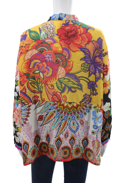 Johnny Was Women Boho Floral Silk Tunic Blouse Long Sleeve Multicolor Size XL