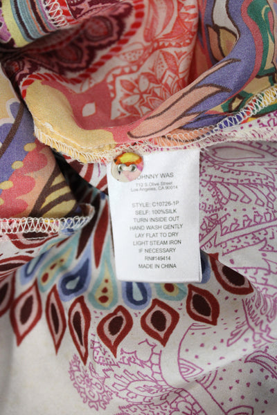 Johnny Was Women Boho Floral Silk Tunic Blouse Long Sleeve Multicolor Size XL