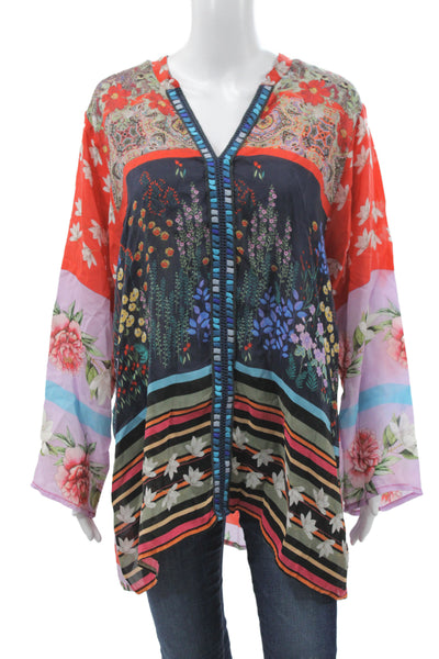 Johnny Was Womens Tunic Boho Floral Multicolor V-Neck Long Sleeve Size XL