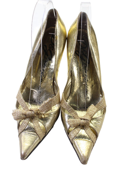 Dolce and Gabbana Womens Bow Tie Pointed Toe Heels Gold Size 9