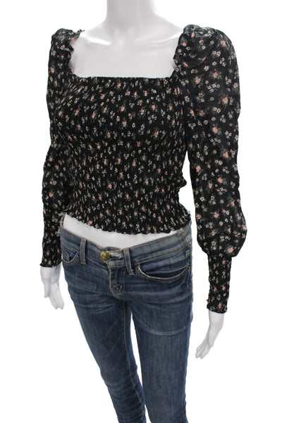 Reformation Women Cropped Floral Blouse Black Square Neck Long Sleeve Size S