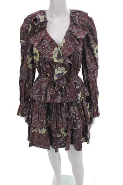 Ulla Johnson Women Mini Floral V-Neck Cotton Dress Long Sleeve Brown Size 0XP