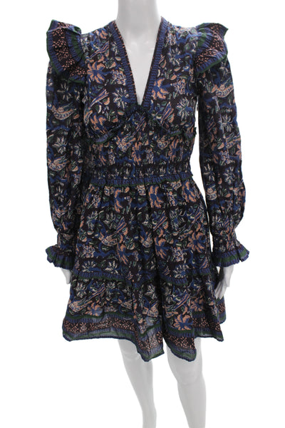 Sea Womens Mini Floral V-Neck Cotton Dress Long Sleeve Multicolor Size 0