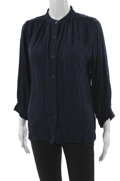 Alice + Olivia Women Silk Collared Button 3/4 Sleeve Blouse Blue Size S