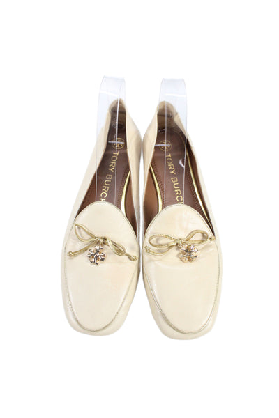 Tory Burch Womens Leather Logo Embellished Loafer Shoes Beige Size 8.5M