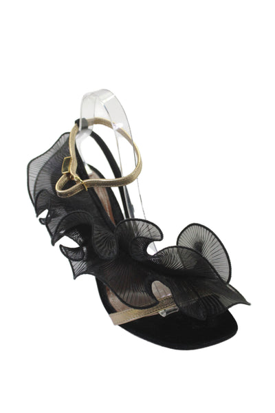 Zimmermann Women Suede Loie 85 Ruffled Metallic Ankle Strap Heels Black Size 8
