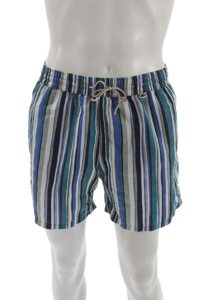 Loro Piana Mens Cotton Blend Striped Swim Trunks Green Blue White Size L