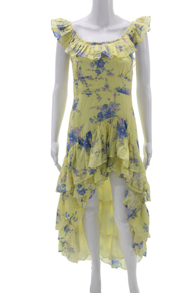 Love Shack Fancy Women Yellow Floral Sundress Scoop Neck Zip Maxi Cotton Size 0