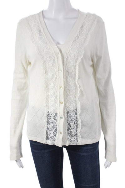 Love Shack Fancy Womens V Neck Argyle Cardigan White Cotton Long Sleeve Size M