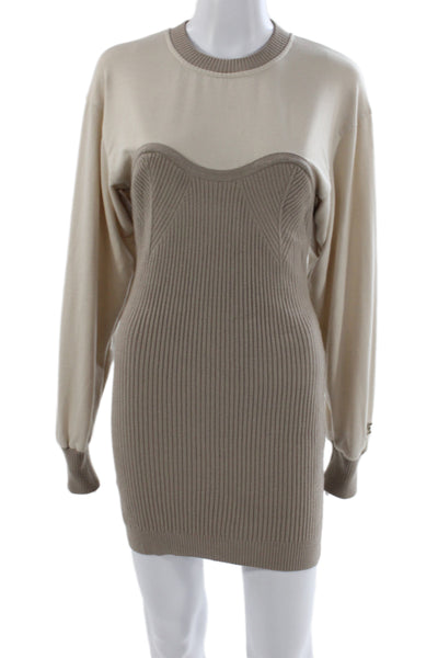 Herve By Herve Leger Women Bodycon Beige Long Sleeve Dress Crew Neck Size S