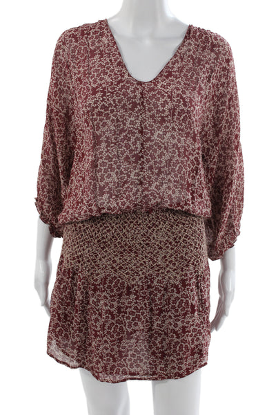 Ulla Johnson Women Red Silk Blouson V-Neck Floral Short Dress 3/4 Sleeve Size 0