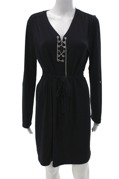 Michael Michael Kors Womens Black Shift Dress Long Sleeve V-Neck Size L