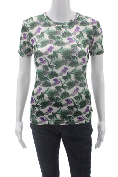 Maje Women Jersey T-Shirt Green Floral Crew Neck Short Sleeve Size 1