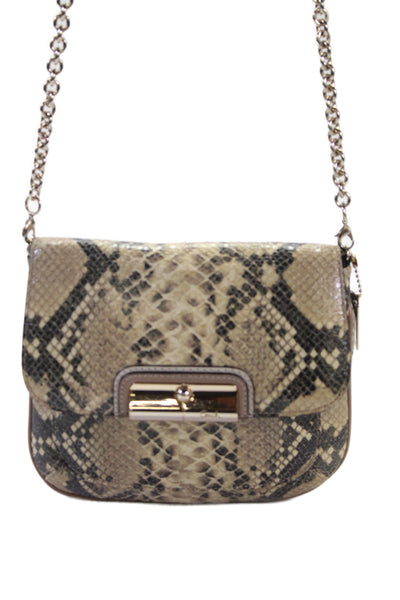 Coach Womens Chain Strap Snakeskin Printed Flap Shoulder Handbag Brown