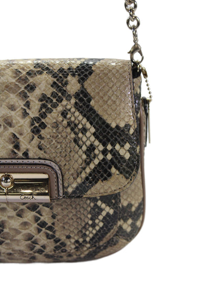 Coach Womens Chain Strap Snakeskin Printed Flap Shoulder Handbag Brown