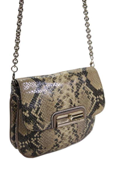 Coach Womens Chain Strap Snakeskin Printed Flap Shoulder Handbag Brown