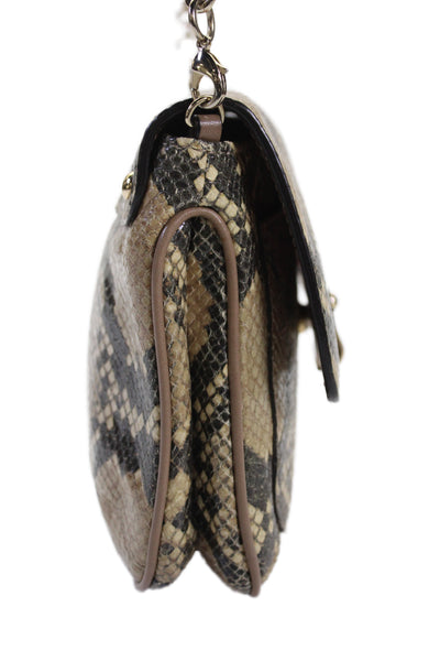 Coach Womens Chain Strap Snakeskin Printed Flap Shoulder Handbag Brown