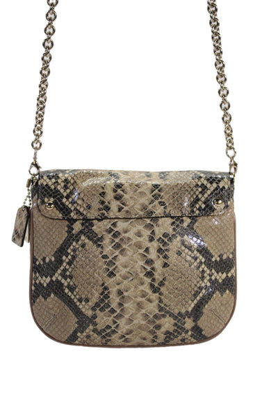 Coach Womens Chain Strap Snakeskin Printed Flap Shoulder Handbag Brown