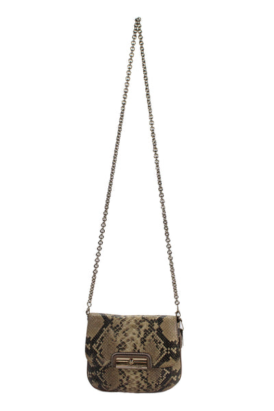 Coach Womens Chain Strap Snakeskin Printed Flap Shoulder Handbag Brown