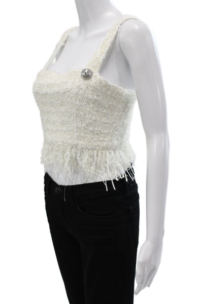 Balmain Women Camisole Tweed White Square Neck Zip Sleeveless Size 42