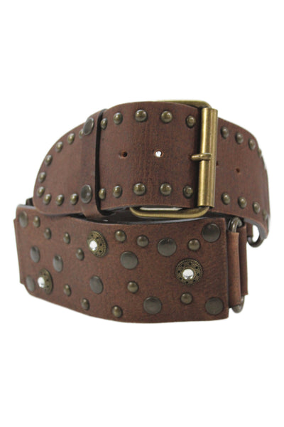 Nanni Womens Leather Studded Embellished Wide Buckle Belt Brown Size 34