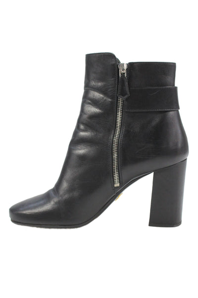 Prada Womens Leather Buckle Detail Block Heels Ankle Boots Shoes Black Size 10