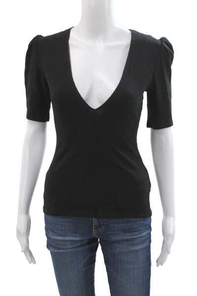 Reformation Women Black V-Neck Short Sleeve Basic Blouse Tencel Size M