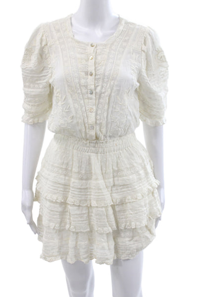 Love Shack Fancy Women Mini Floral Cotton Short Sleeve Dress White Size S