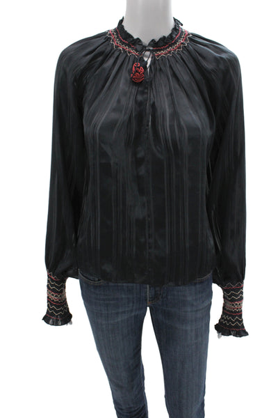 Ulla Johnson Women Tunic Black Silk Striped Long Sleeve Size 2
