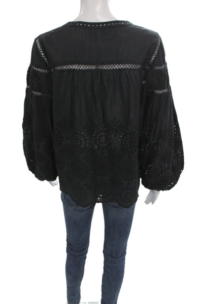 Love Shack Fancy Womens Tunic Black Cotton Long Sleeve Boho Round Neck Size S