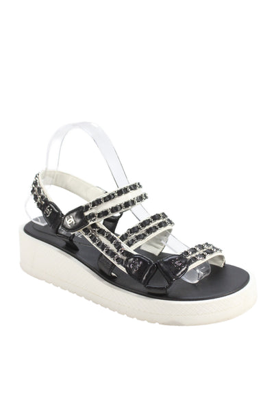 Chanel Womens Black White Chain Link CC Logo Detail Dad Sandals Shoes 8.5