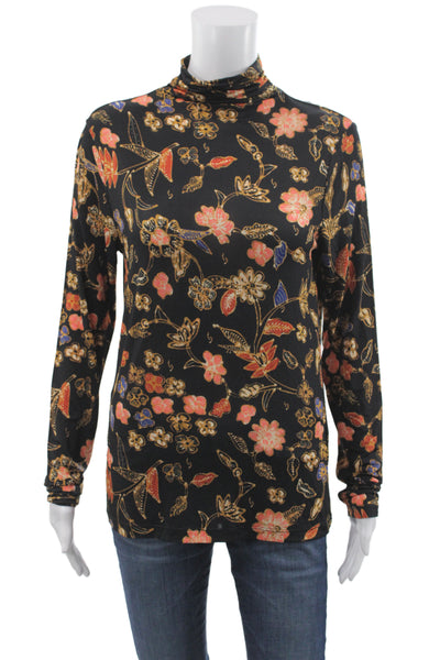 Ulla Johnson Women Black Floral Jersey Turtleneck Long Sleeve Blouse Size L