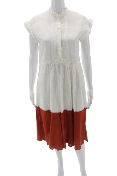 Chloe Womens Shirt Dress White Linen Colorblock High Neck Short Sleeve Size M