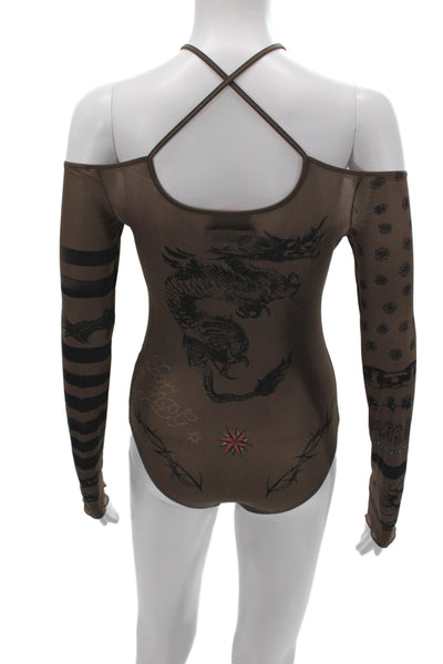 Jean Paul Gaultier Womens One Piece Mesh Floral Halter Long Sleeve Brown Size M