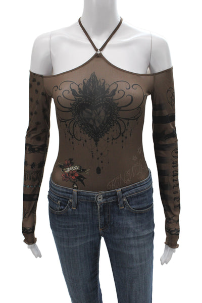 Jean Paul Gaultier Womens One Piece Mesh Floral Halter Long Sleeve Brown Size M