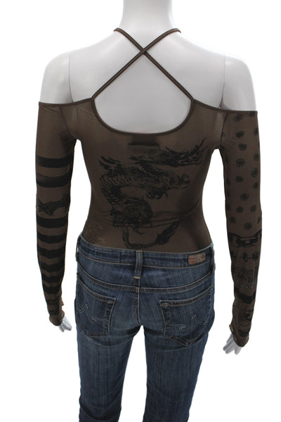 Jean Paul Gaultier Womens One Piece Mesh Floral Halter Long Sleeve Brown Size M