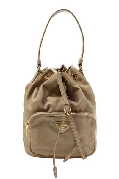 Prada Womens Drawstring Closure Gold Tone Crossbody Shoulder Handbag Beige