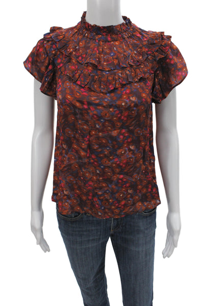 Sea New York Women Bohemian Floral High Neck Short Sleeve Blouse Size XS