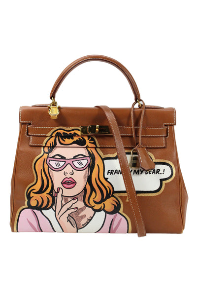 Hermes Womens Printed Kelly 32 Gold Tone Hardware Lock Key Leather Handbag Brown