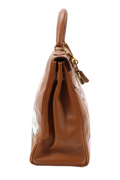 Hermes Womens Printed Kelly 32 Gold Tone Hardware Lock Key Leather Handbag Brown
