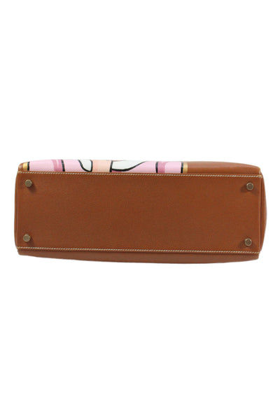 Hermes Womens Printed Kelly 32 Gold Tone Hardware Lock Key Leather Handbag Brown