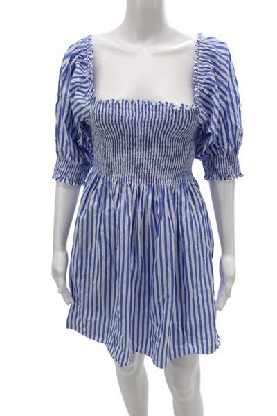 Hill House Women Mini Dress Blue Cotton Square Neck Short Sleeve Size S