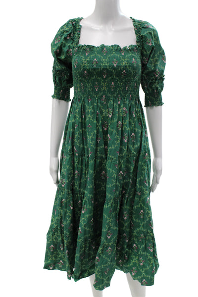 Hill House Women Sundress Green Floral Cotton Square Neck Long Size XS