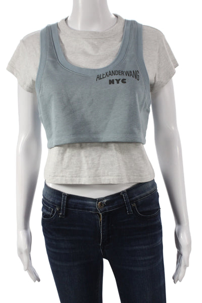 Alexander Wang Women Cropped Blue Cotton Crewneck Short Sleeve T-Shirt Size XS