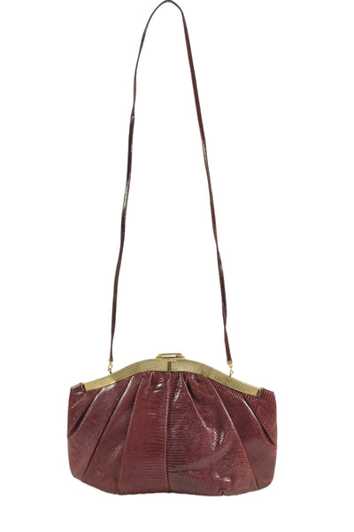 Judith Leiber Womens Embossed Animal Print Clutch Shoulder Handbag Wine